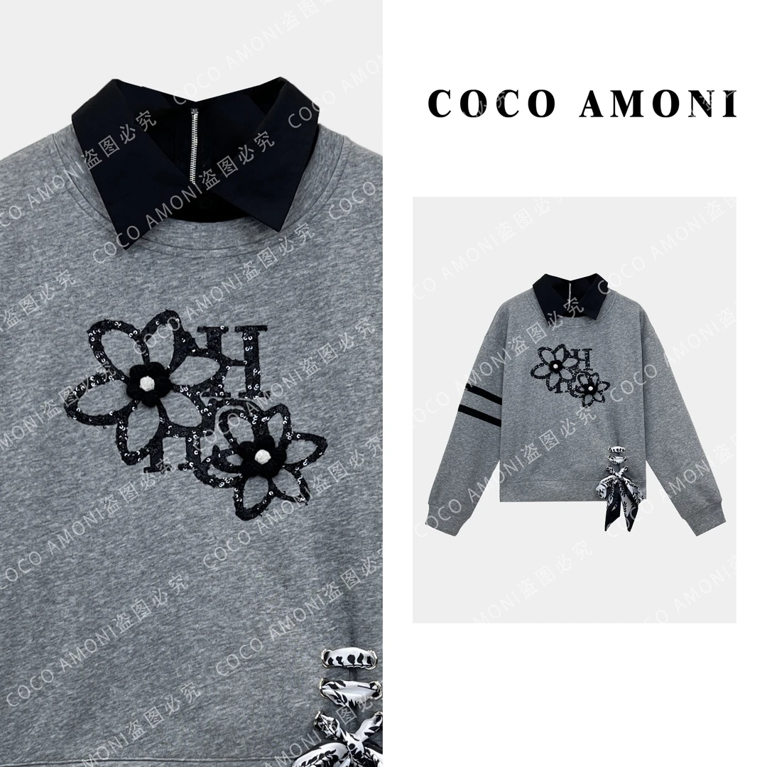 秋冬新款设计感假两件拼接重磅刺绣立体花朵气质长袖卫衣ZQ621