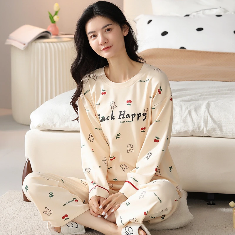 【流氓兔樱桃专柜睡衣】纯棉长袖睡衣春秋圆领套头休闲可外穿睡衣