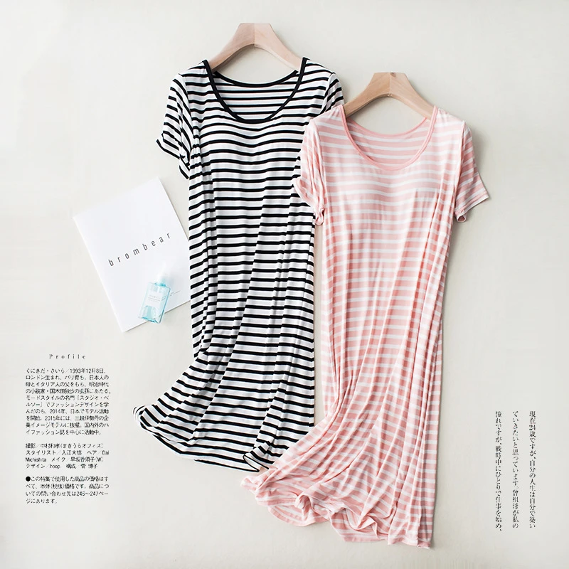 莫代尔女短袖睡裙带胸垫罩杯bra-t半袖免文胸条纹睡衣宽松家居服