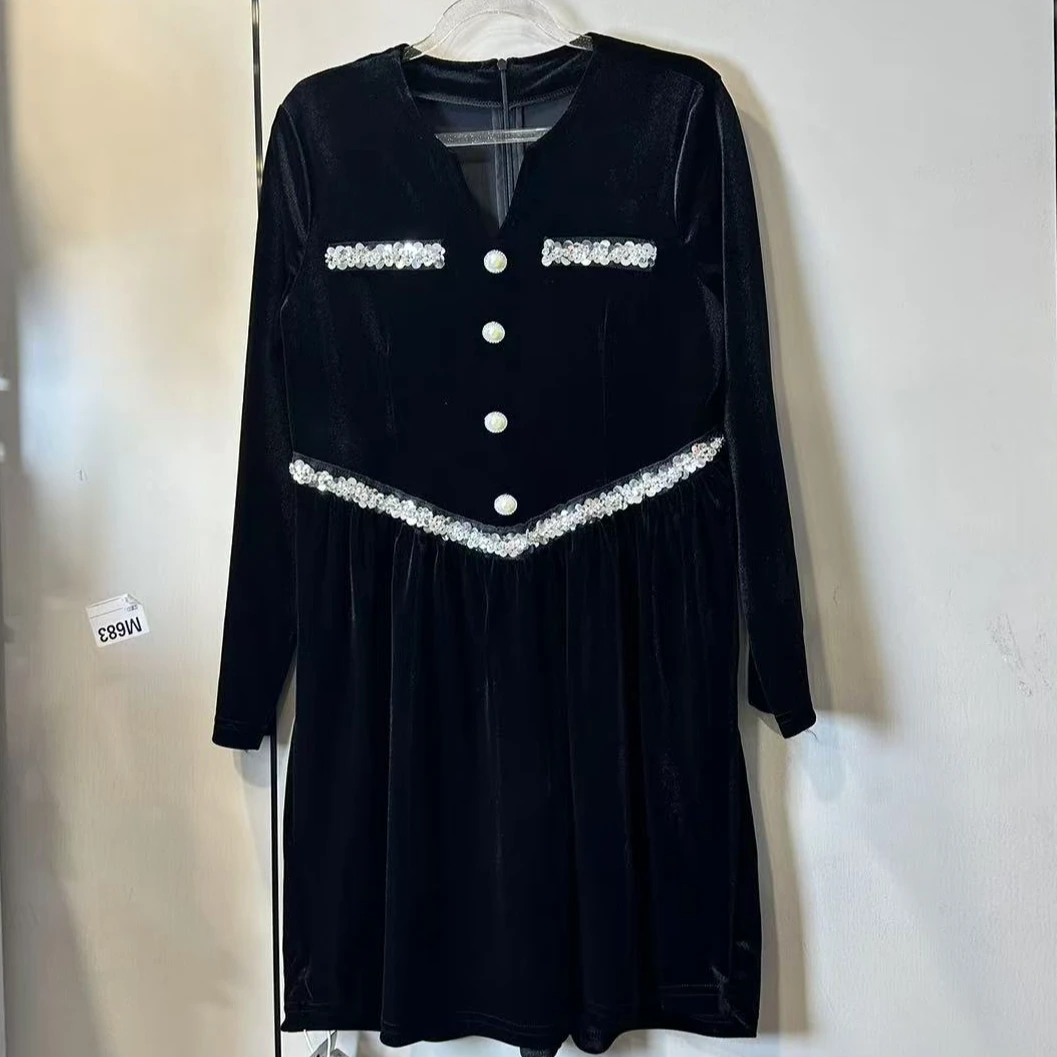 512 新款丝绒连衣裙黑色百搭显瘦