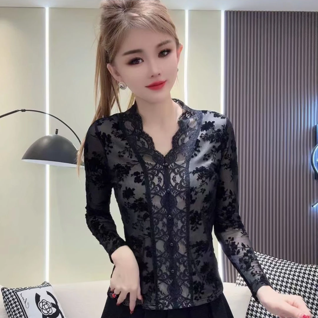 5720  提花气质V领蕾丝小衫女植绒衫清洗掉浮毛介意的不要拍