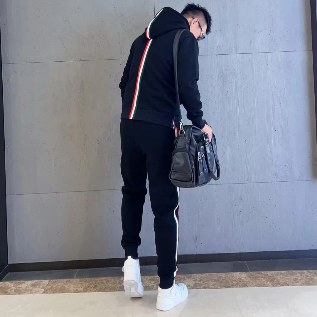 2025冬季新款男士休闲运动套装连帽潮流帅时尚百搭外套修身两件套