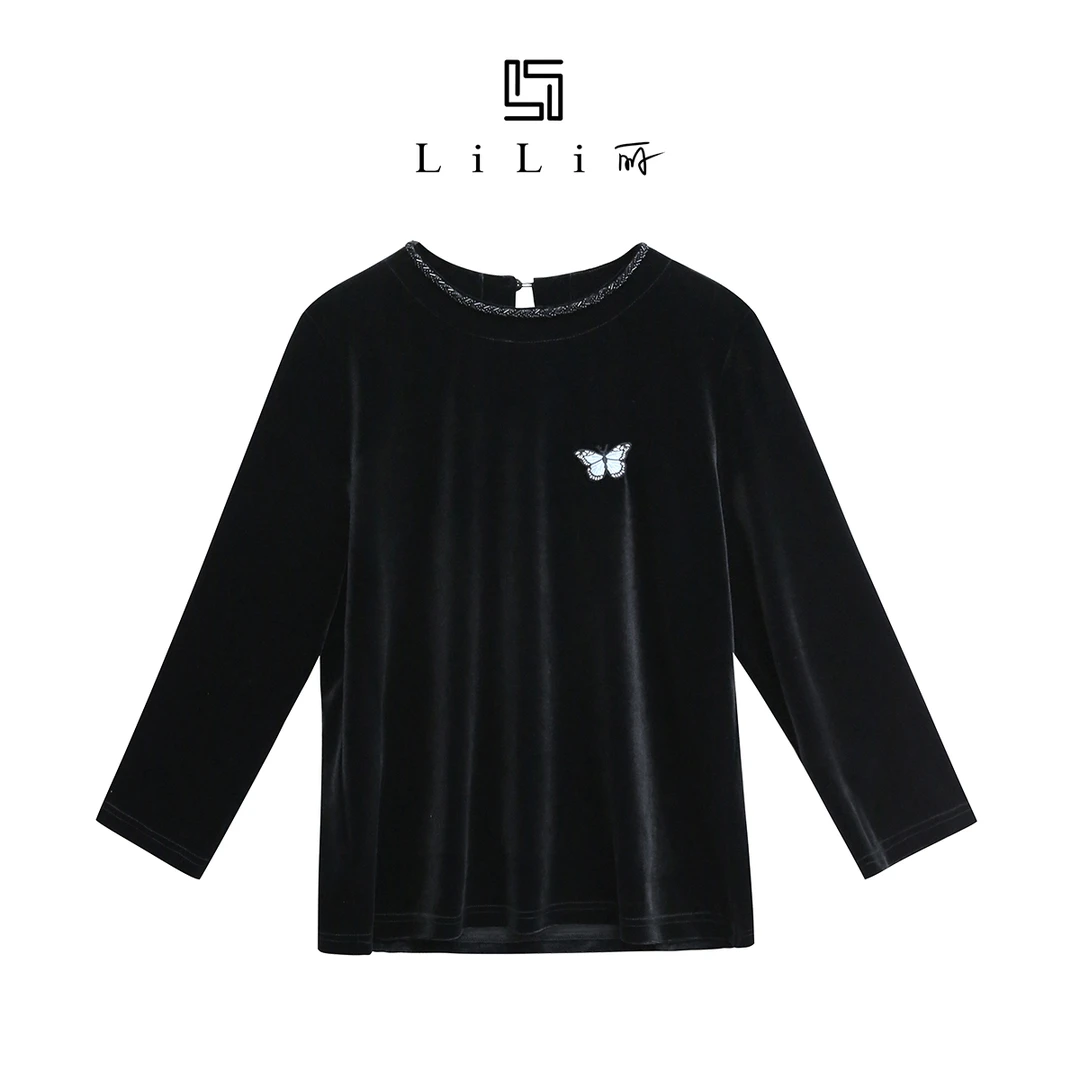 大丽高定 蝴蝶夫人 丝绒长袖圆领设计蝴蝶精致私服上衣 DLTX1601