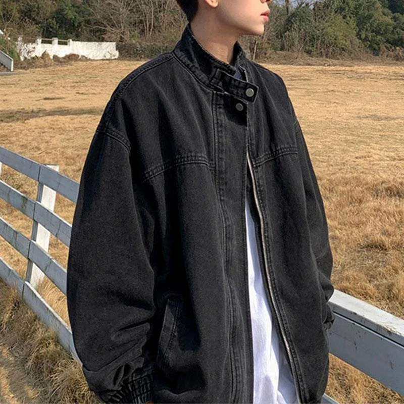 美式潮牌复古水洗牛仔外套男生秋季小众痞帅宽松立领百搭工装夹克