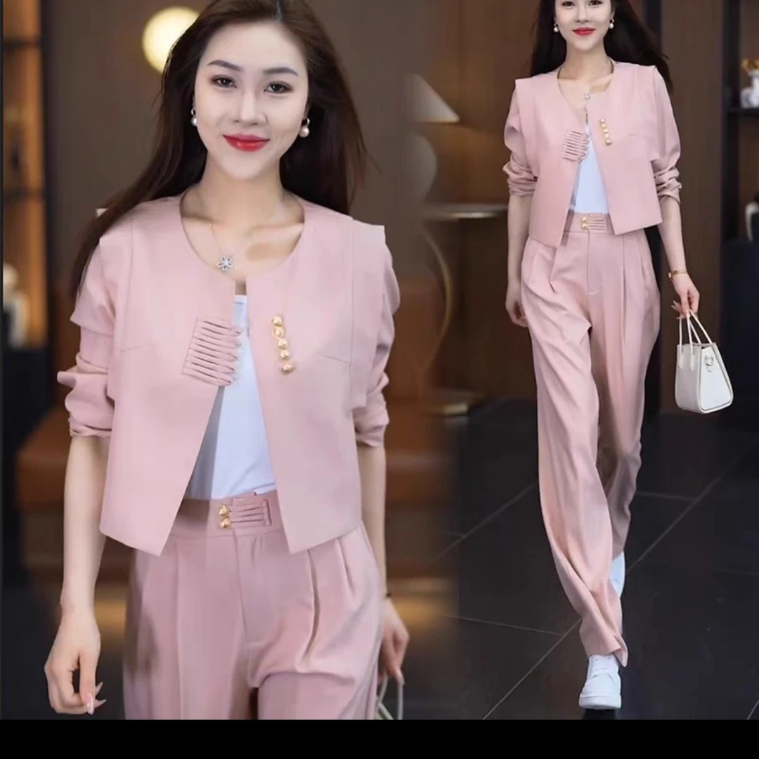 新中式西服套装春季新款气质显瘦国风盘扣西装阔腿裤两件套9070
