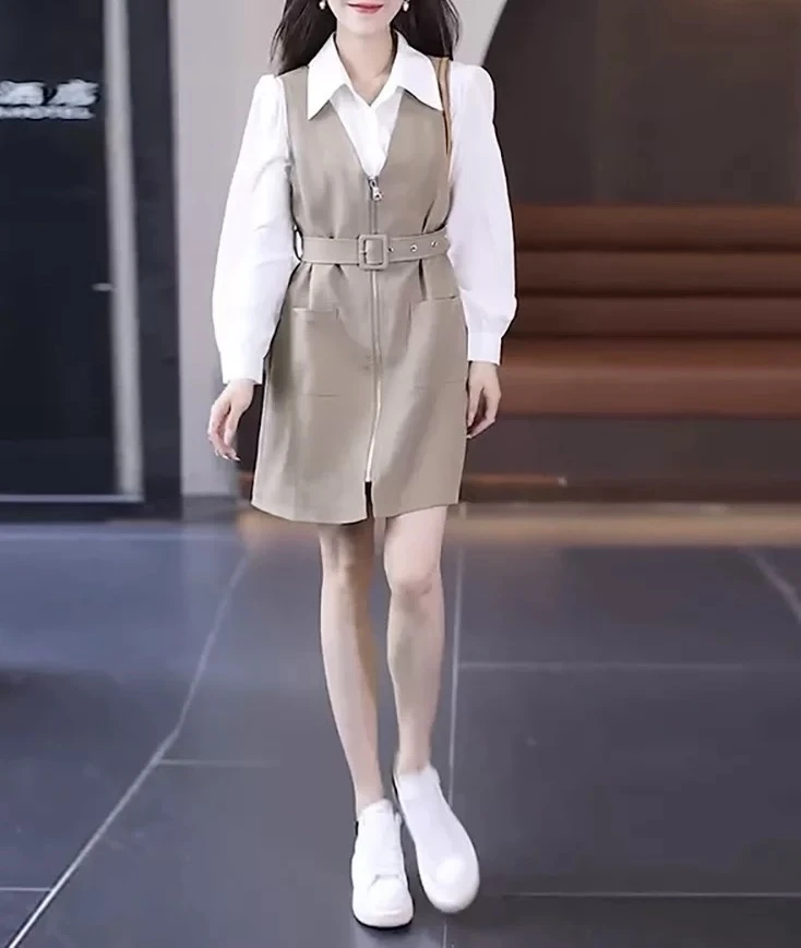 （微瑕疵）气质两件连衣裙女秋收腰显瘦拼接衬衫马甲工装裙2063#