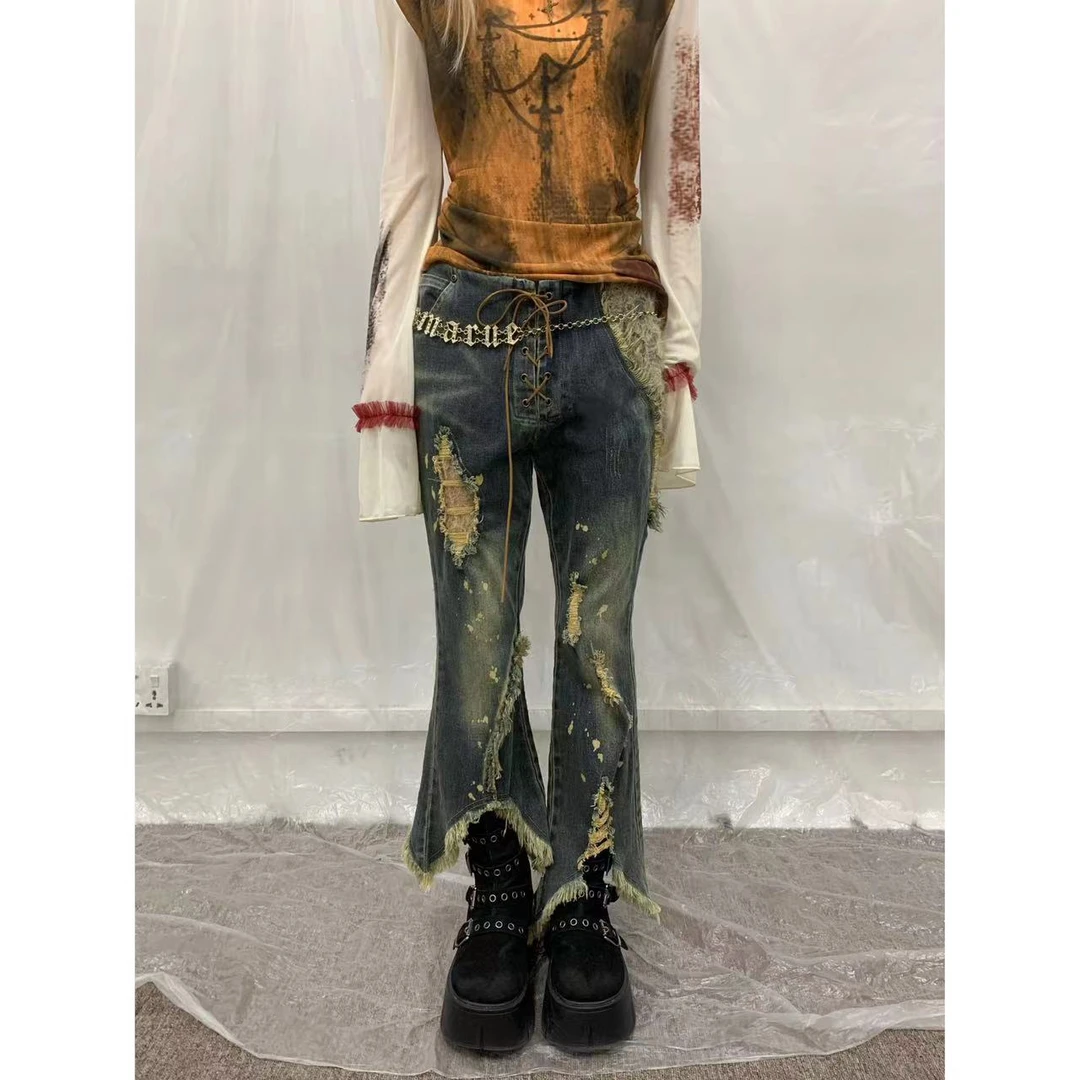 【jeong ill清清】朋克风拼接蕾丝破洞水洗修身七分裤