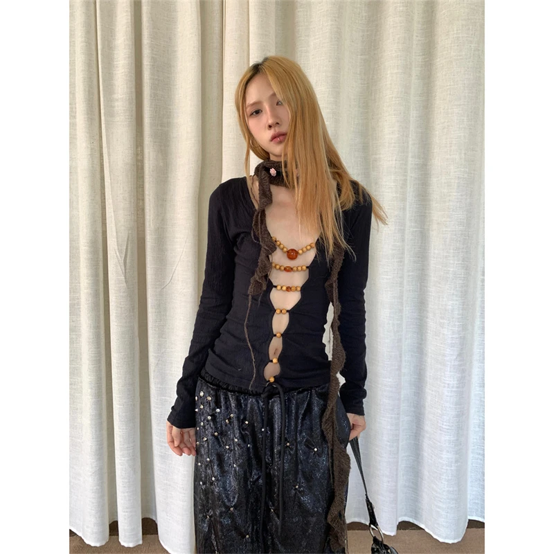 【清清jeong ill* 】性感辣妹串珠搭配设计大开衫锁骨打底长袖