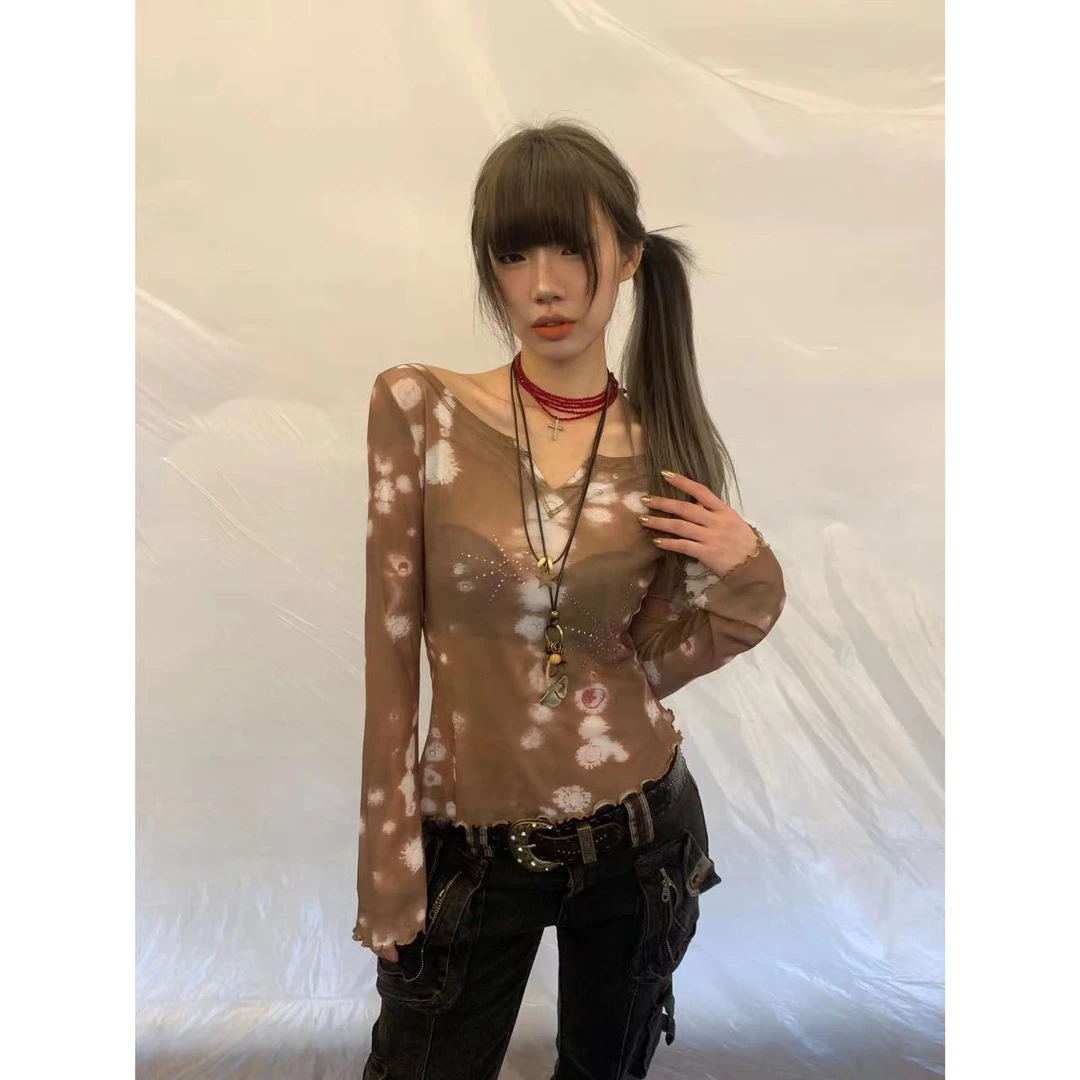 【jeong ill清清】复古扎染双色印花修身辣妹打底上衣