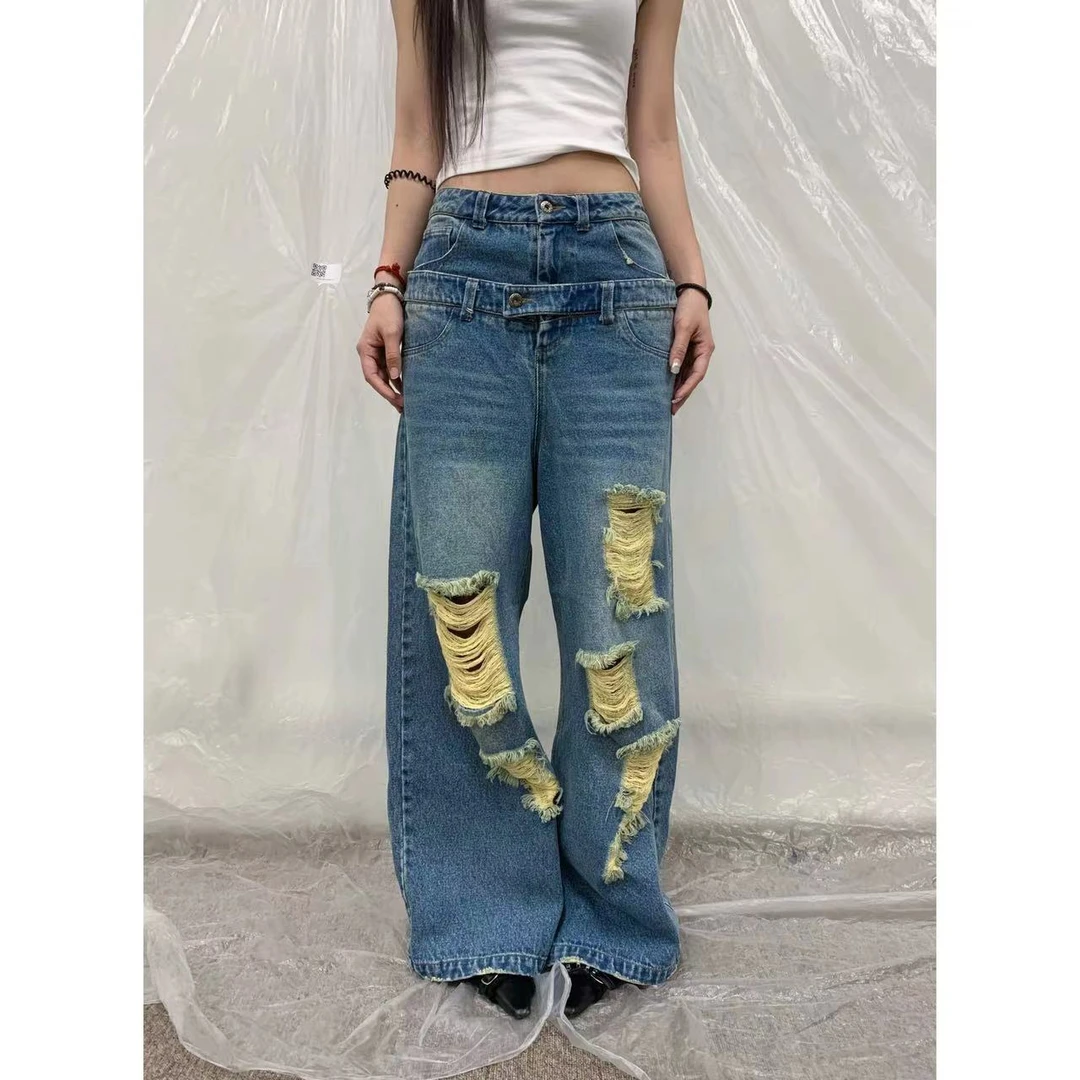 【jeong ill现现】双腰头设计破洞做旧字母印花牛仔裤