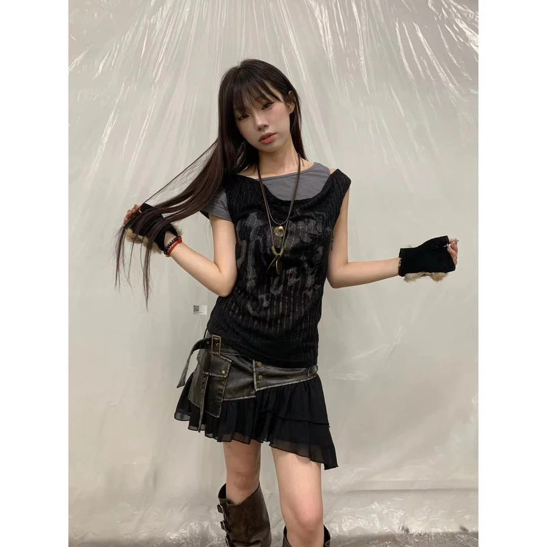 【jeong ill现现】轻亚朋克涂鸦假两件不对称修身短袖T恤