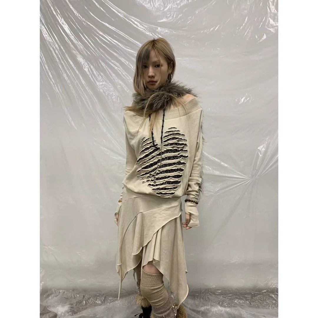 【jeong ill现现】街头朋克风不规则裙摆可一字肩长袖连衣裙