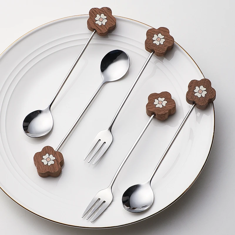 胡桃木搅拌棒木柄304不锈钢调酒棒长柄搅拌勺甜品勺咖啡勺水果叉