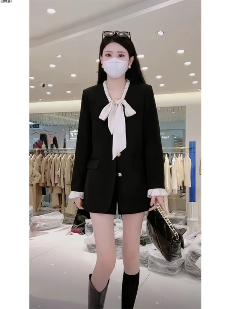 名媛高级感休闲气质小个子西装外套2025春秋新款黑色小西服上衣女