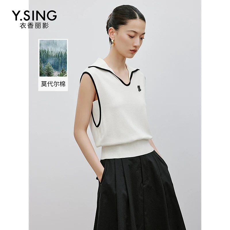 衣香丽影黑色无袖针织衫女2024年秋季新款设计感撞色翻领冰丝上衣