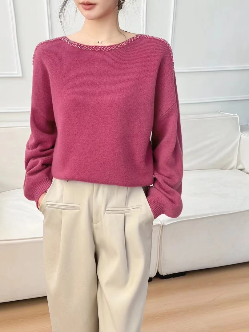 秋季镶钻一字领针织毛衣女宽松长袖时尚百搭