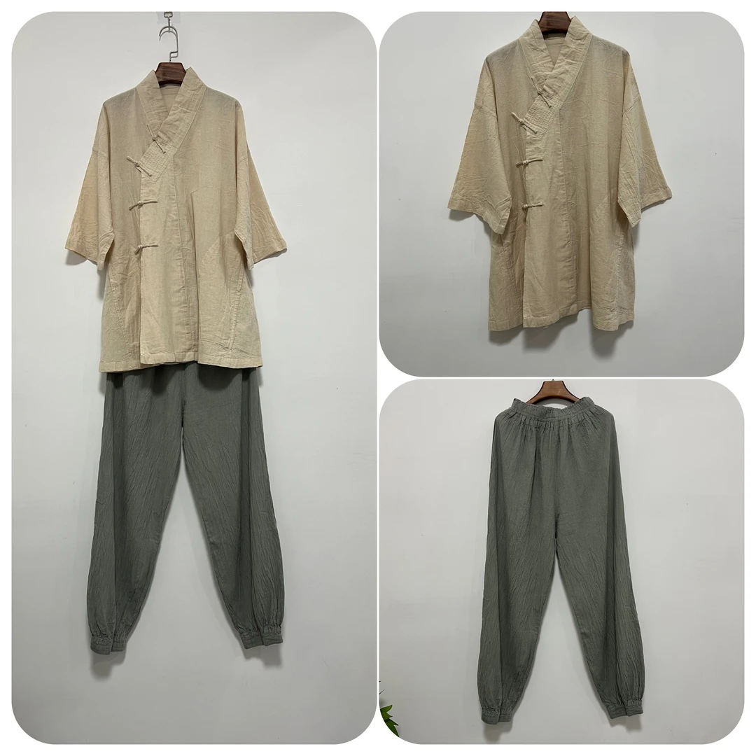 【正品】禅意台湾植物手染棉麻布衣叉领盘扣配缩脚裤M