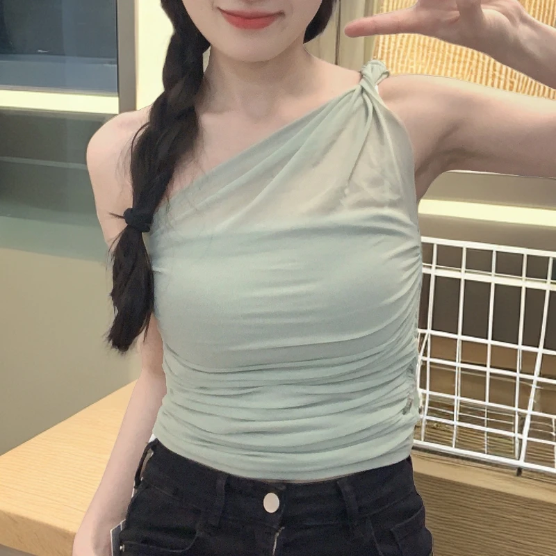 纽斜肩网纱吊带女外穿黑色修身短款抹胸上衣背心显瘦性感高腰纯欲