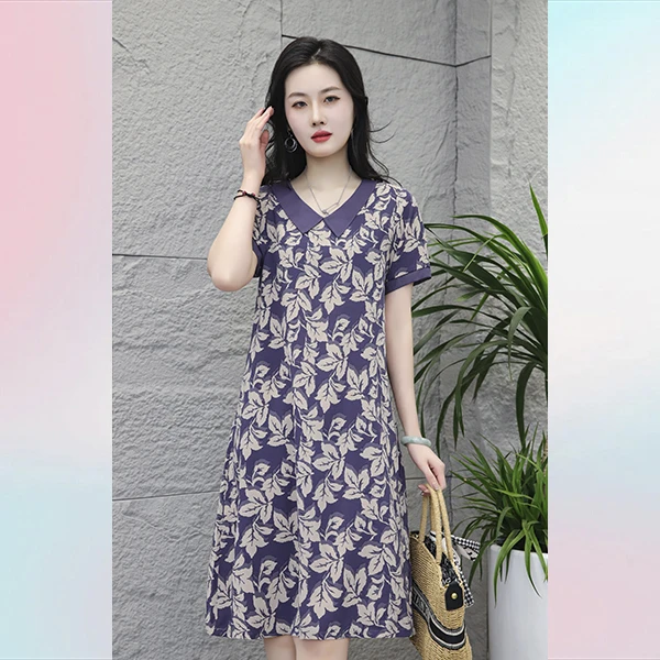 紫洋-夏季妈妈裙子亲肤舒适优雅气质时尚遮肚百搭休闲宽松连衣裙
