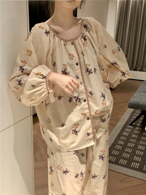 2024秋冬爆款秋季韩版简约宽松碎花长袖长裤家居服套装女学生