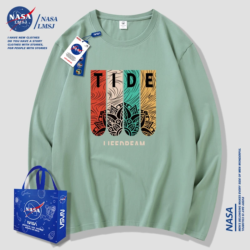 NASA潮牌2023春秋新款纯棉男士长袖T恤中青年潮流装t恤打底衫豆绿