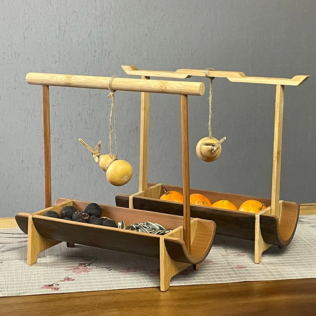 中式竹制糕点果盘小吃零食摆放盘禅意糕点盘通用商场竹编篮子