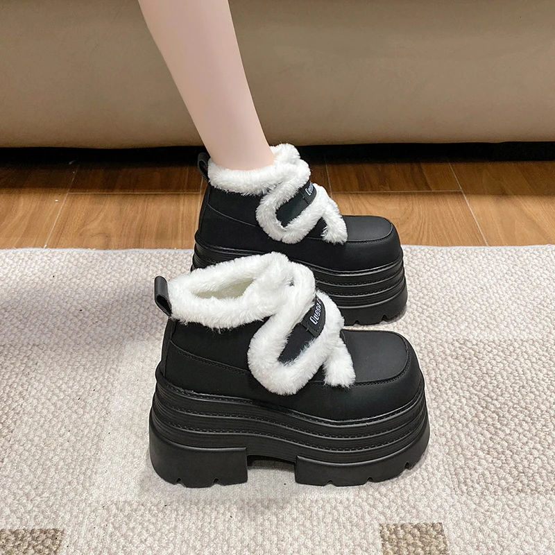 10cm厚底雪地靴女2024新款冬季加绒加厚棉鞋增高魔术贴毛毛短靴子