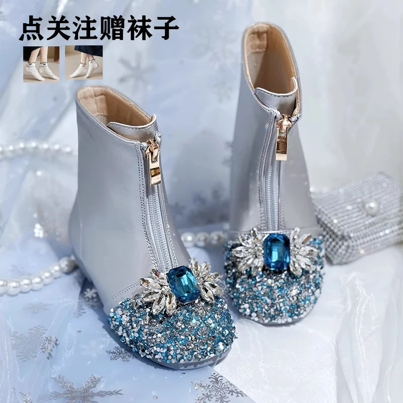 女童品牌加绒靴子公主水晶鞋儿童马丁靴秋冬季宝宝软底短靴小女孩