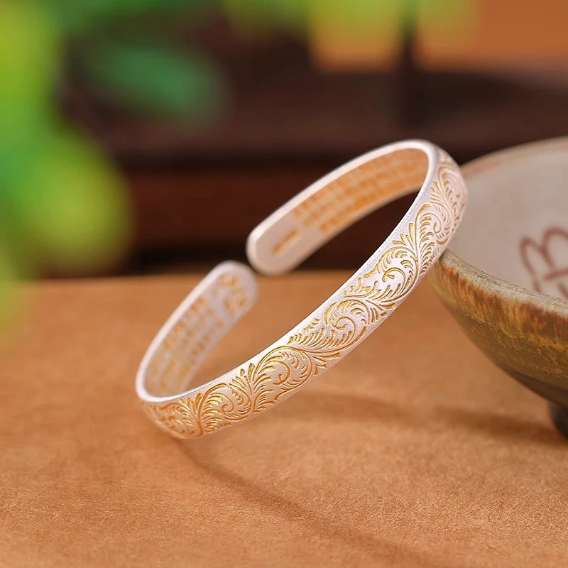 足银手镯 【K】足银9999国潮复古吉祥唐草纹手镯气质宫廷风开口镯子