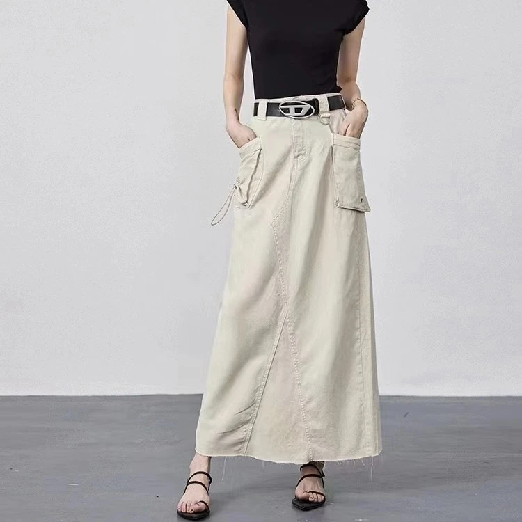 复古美式设计感小众抽绳口袋工装半身裙高腰夏季休闲新款开叉长裙