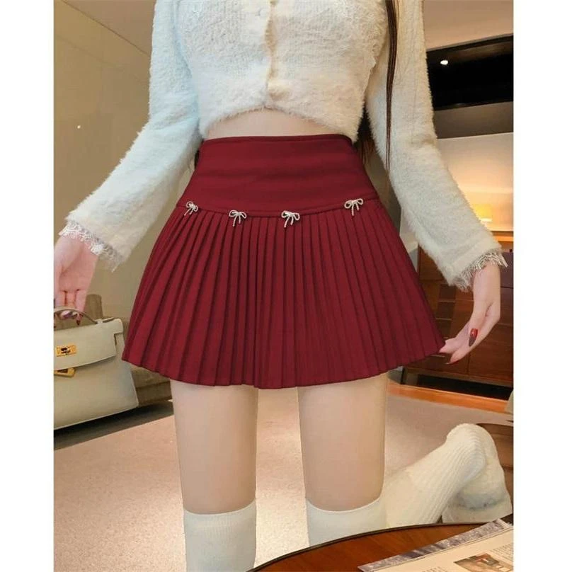 重工蝴蝶结毛呢半身裙女秋装高腰百褶裙小个子红色短裙A字裙裙子