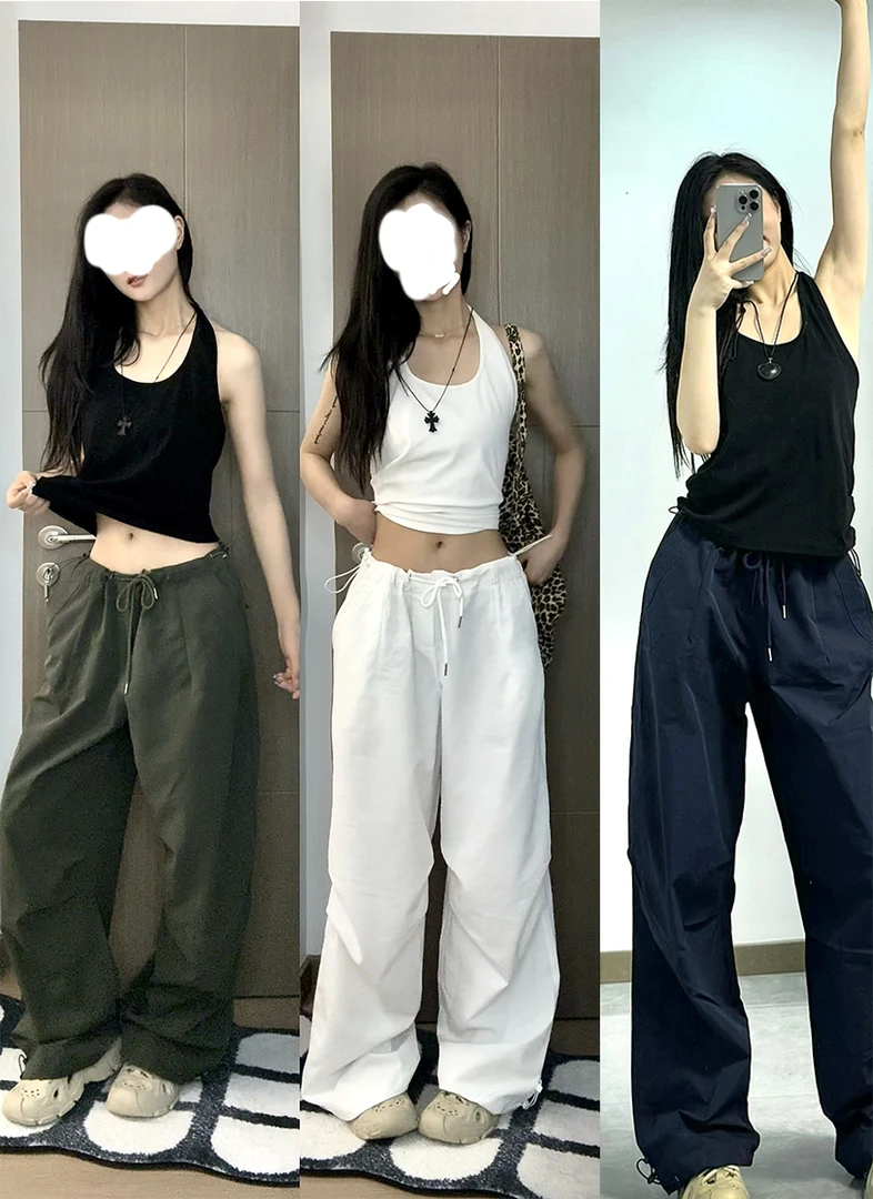 抽绳高腰休闲裤女春甜酷个性宽松拖地裤子垂感工装阔腿裤百搭长裤