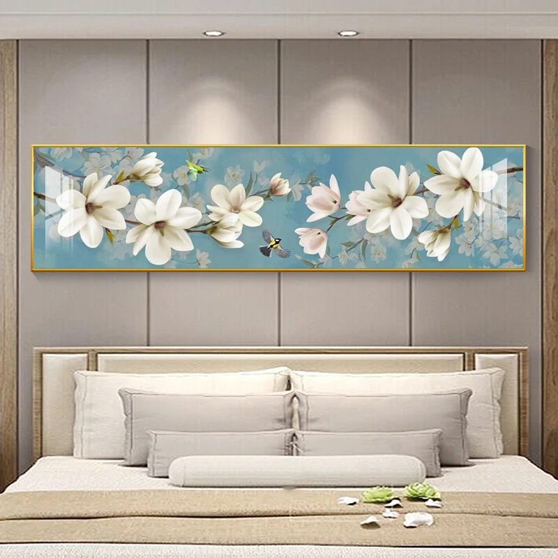 新中式花鸟图卧室床头装饰画高档酒店房间客厅背景墙壁画横版挂画
