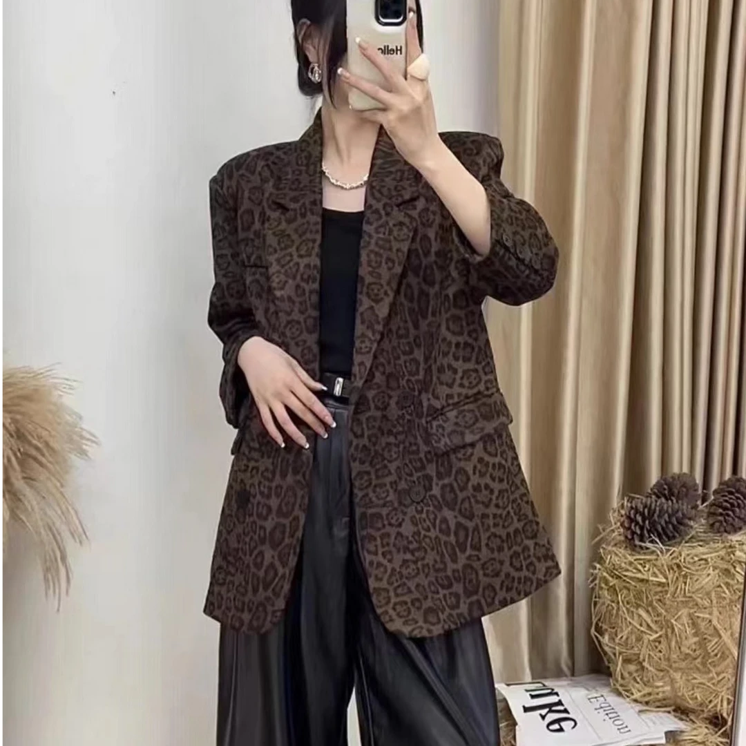 中长款豹纹西装外套女高级感2024秋季新款赫本风长袖休闲西服外套