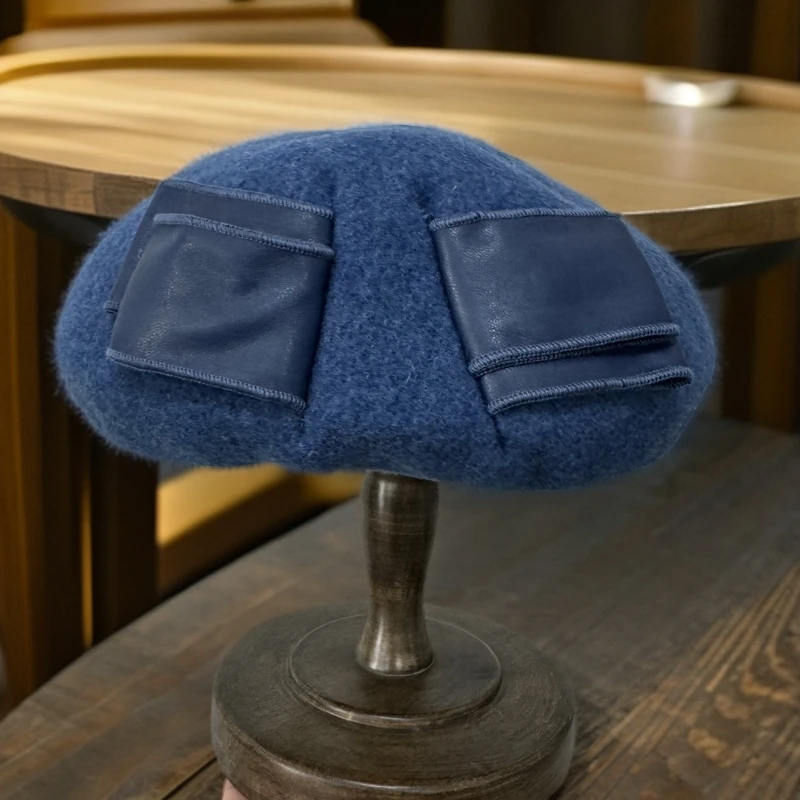 2024秋冬贝雷帽日系甜美蝴蝶结纯色绵羊毛保暖画家帽南瓜帽子女