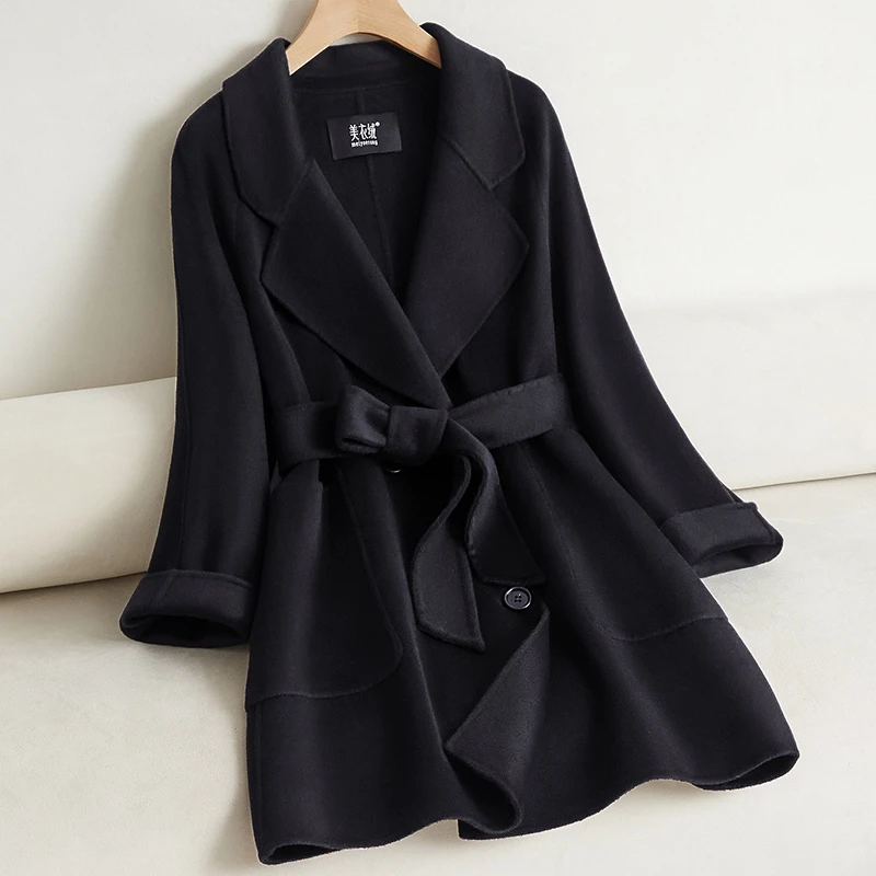 155小个子短款双面羊毛大衣女高端气质系带毛呢外套2025秋冬新款