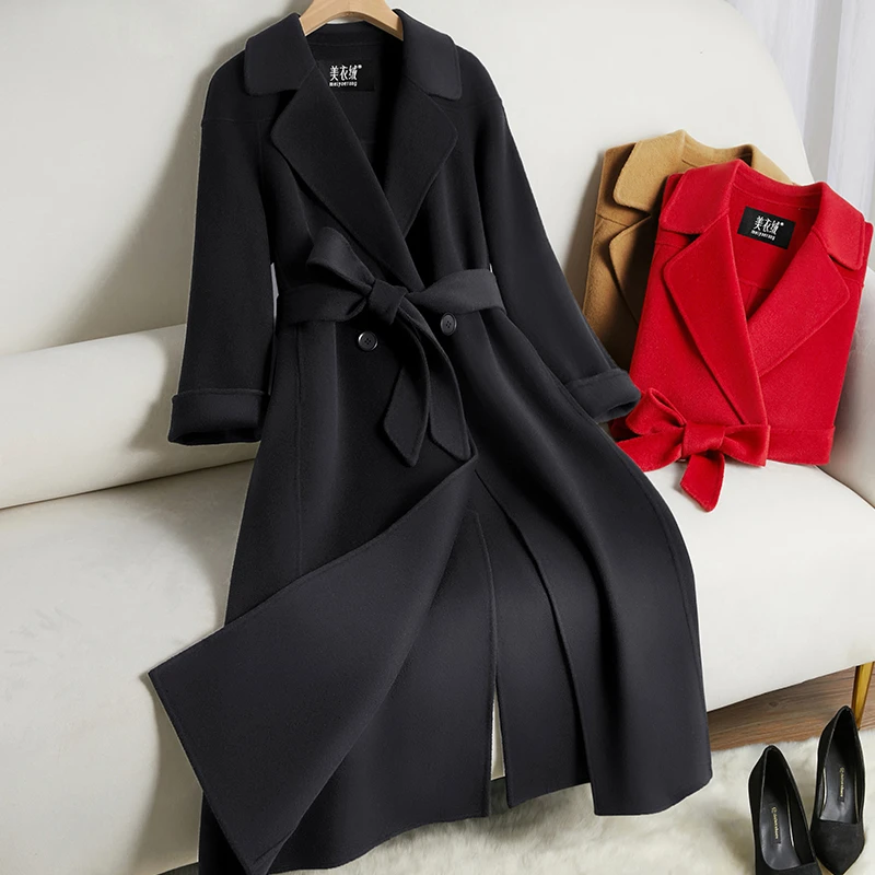 黑色高端后开叉双面羊毛大衣女中长款过膝24秋冬新款气质毛呢外套