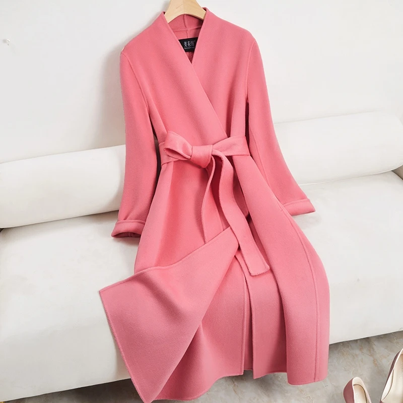 粉色高端双面羊绒大衣女中长款过膝秋冬新款赫本风无领羊毛呢外套