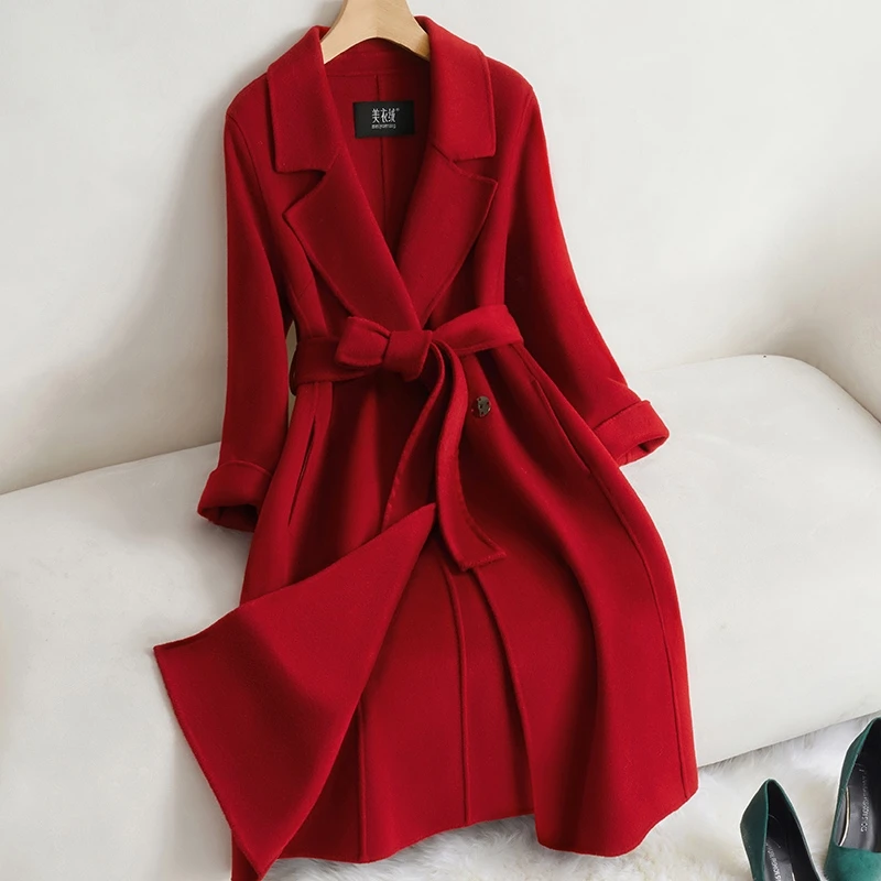 红色结婚双面羊毛大衣女中长款宽松气质减龄高端毛呢子套新款女装