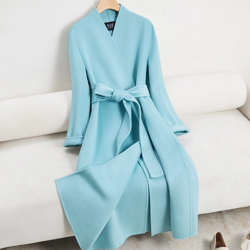 蓝色双面羊毛大衣女中长款2025款秋冬赫本风修身显瘦正肩毛呢外套