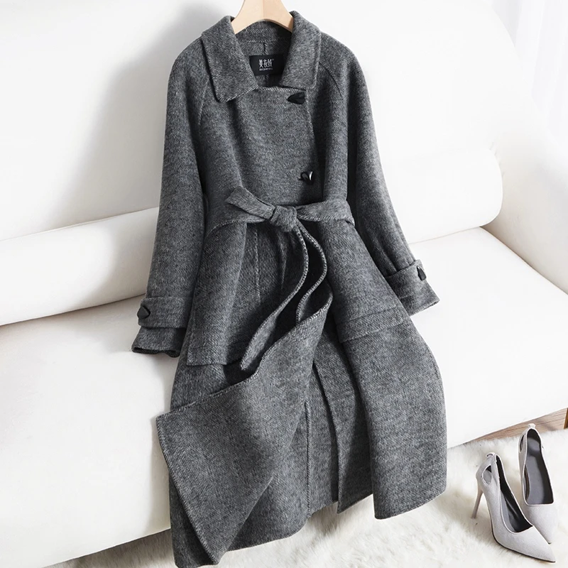 高端双面羊绒大衣女中长款收腰显瘦娃娃领时尚羊毛呢外套秋冬新款