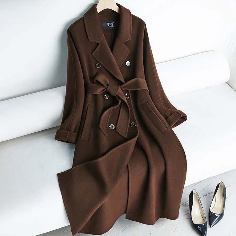 咖啡色高端经典双排扣双面羊毛大衣女中长款时尚秋冬新款毛呢外套