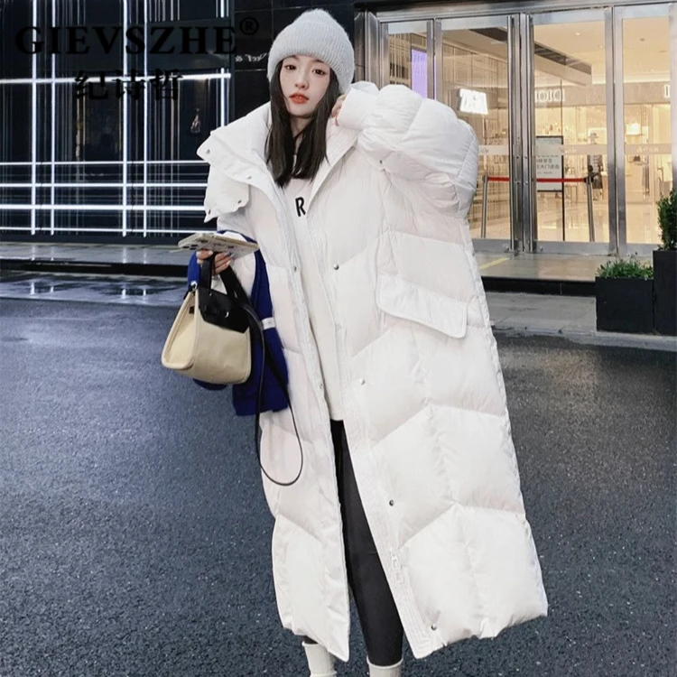 纪诗哲羽绒服女款90白鸭绒冬新款长款过膝韩版宽松加厚白色面包服