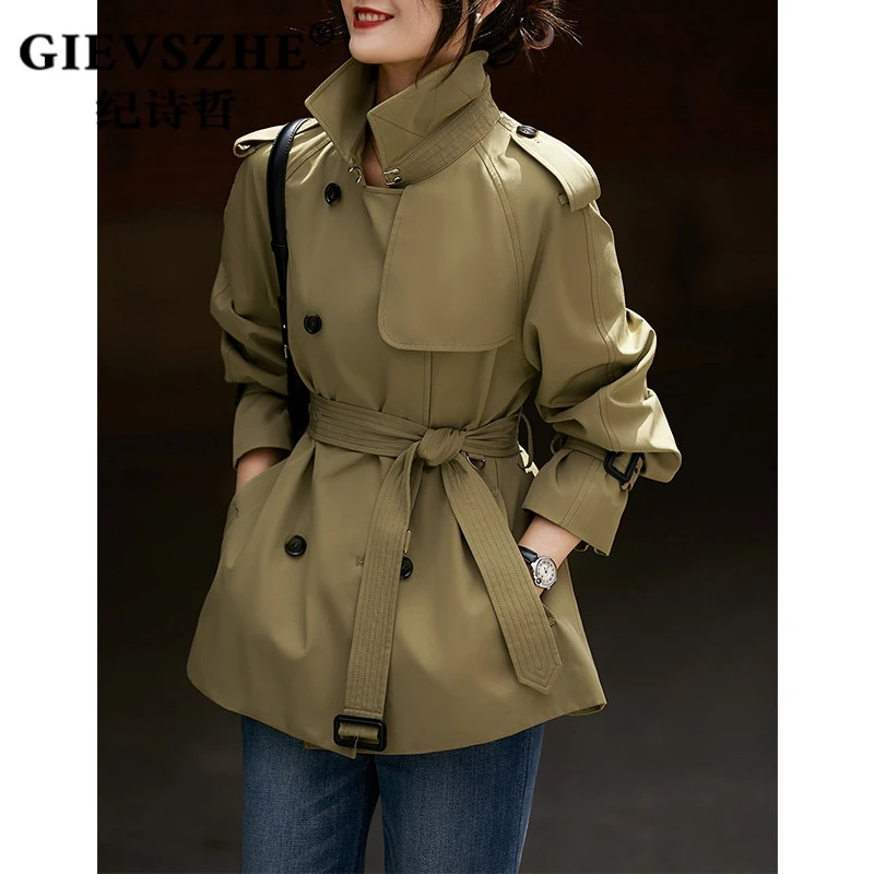 纪诗哲风衣洋气女双排扣翻领绑带中长款韩系ins衣服春秋新款气质