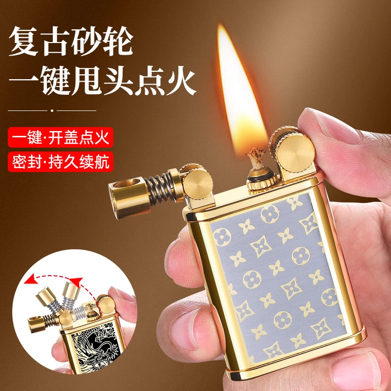 新款复古砂轮机械弹射一键甩头点火金属材质耐用迷你煤油打火机
