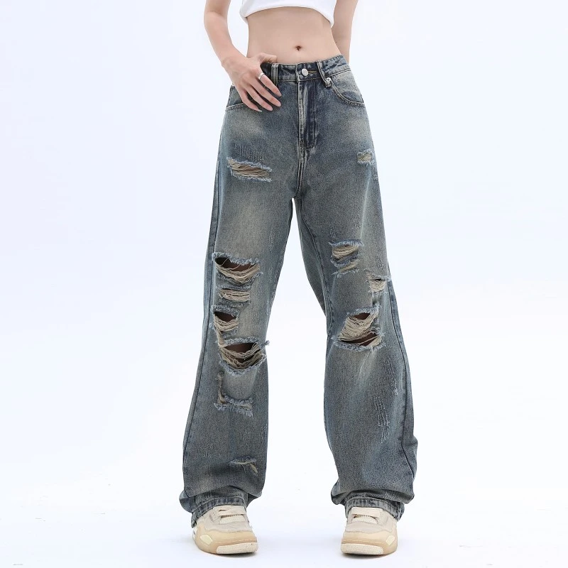 AJem美式复古做旧乞丐破洞牛仔裤男女ins潮牌街头hiphop直筒裤