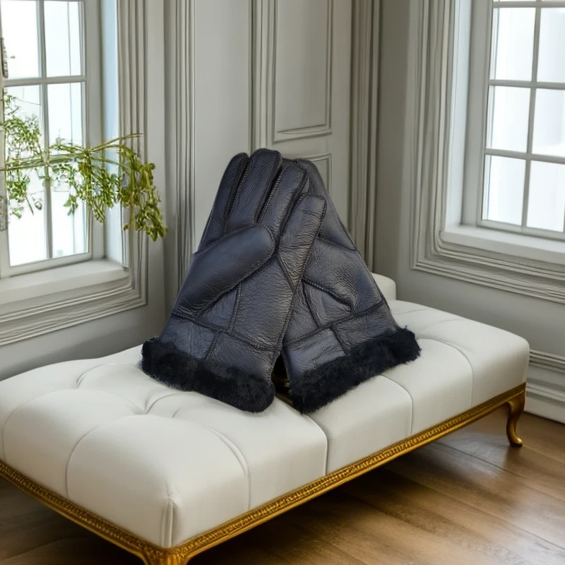 皮毛一体羊皮五指骑行时尚百搭真皮真毛手套！加绒男士女士