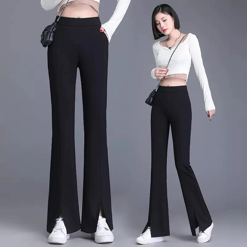 开叉微喇叭裤女春秋高腰弹力大码韩版薄款打底裤女外穿休闲裤九分