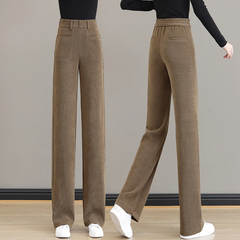 小个子加厚直筒裤女2023年秋冬新款窄版高腰松紧加绒休闲阔腿裤子