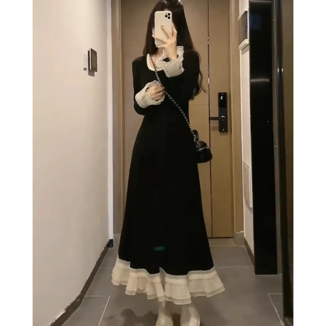 满满~现~迎来~#1264温柔气质优雅花边拼接收腰显瘦连衣裙